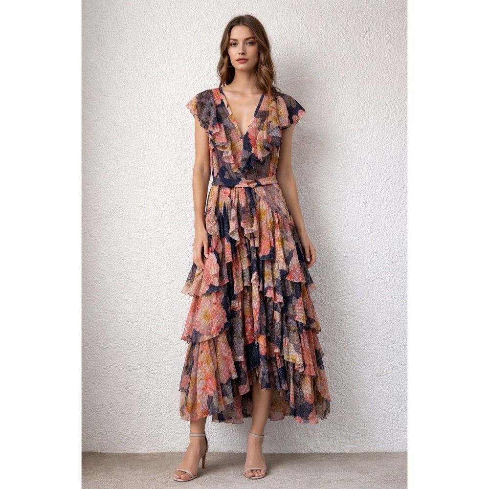 Le Superbe Major Flirt Floral Ruffle Midi Dress High Low Swiss Dot Sz 2